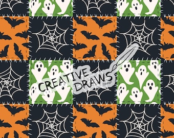 May include: A patchwork pattern featuring Halloween-themed squares. The squares display white ghosts on green, black spiderwebs, and orange squares with black bats. The text "CREATIVE DRAWS Design" is overlaid on the image.