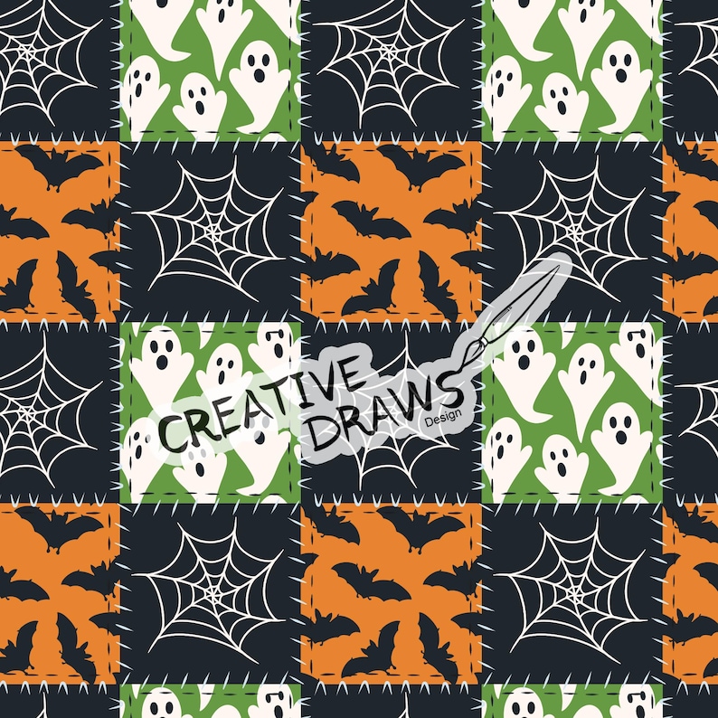 May include: A patchwork pattern with Halloween motifs. The squares show white ghosts on green, black spiderwebs, and orange squares with black bats. The image includes the text "CREATIVE DRAWS Design".