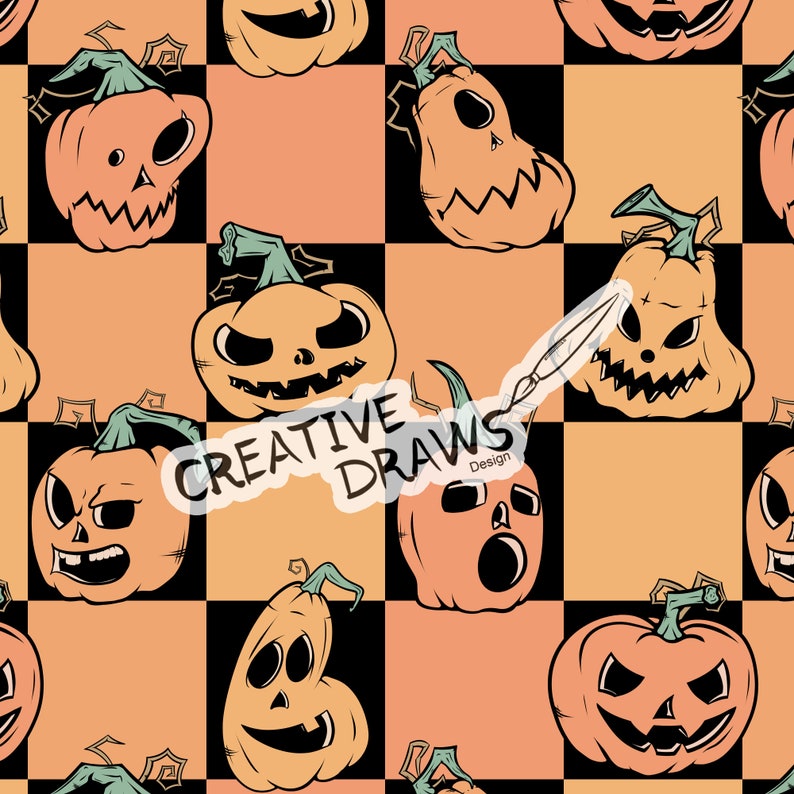 Pumpkin Checker Seamless Pattern, Halloween Digital Repeat Pattern for ...