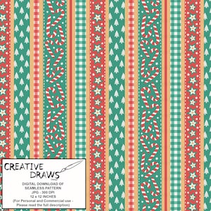 Op de afbeelding: Een naadloos digitaal kerstpatroon met verticale strepen. Het ontwerp bevat afwisselende strepen met rode sterren, groene kerstbomen, zuurstokken en een ruitpatroon. Het patroon is 30,48 x 30,48 cm groot.
