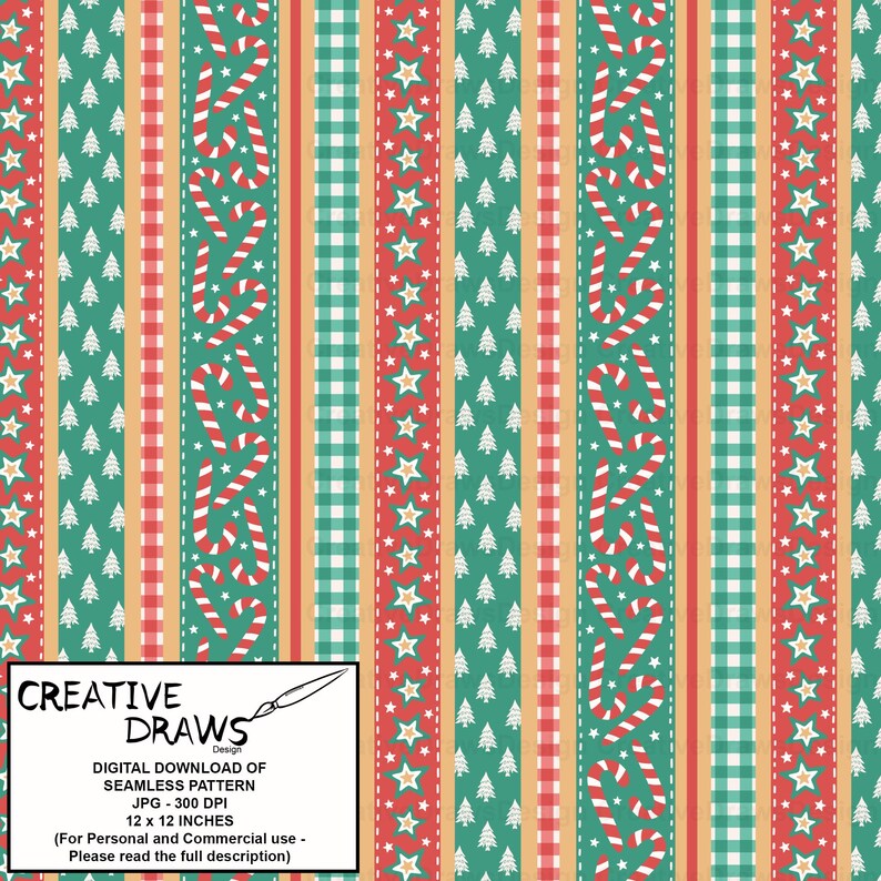 Op de afbeelding: Een naadloos digitaal kerstpatroon met verticale strepen. Het ontwerp bevat afwisselende strepen met rode sterren, groene kerstbomen, zuurstokken en een ruitpatroon. Het patroon is 30,48 x 30,48 cm groot.