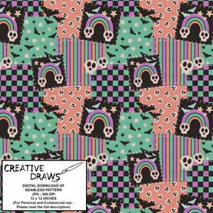 Op de afbeelding: Een digitaal naadloos patroon met patchwork vierkanten met schedels, regenbogen, vleermuizen, sterren en dambordpatronen. Het kleurenpalet omvat zwart, blauwgroen, perzik, paars en wit. De tekst luidt "CREATIVE DRAWS Design DIGITAL DOWNLOAD OF SEAMLESS PATTERN JPG - 300 DPI 30.48 x 30.48 cm".