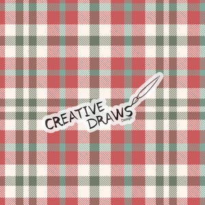 May include: A seamless pattern of red, white and green plaid. The pattern is repeated throughout the image. The text "CREATIVE DRAWS Design" is in the centre of the image.