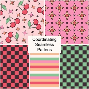 Retro Kirsche Patchwork Nahtlose Muster Pack, Groovy Wiederholung Digitales Papier Bild 2