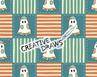 Ghost Checker Patchwork Seamless Pattern, Halloween Repeat Digital Paper