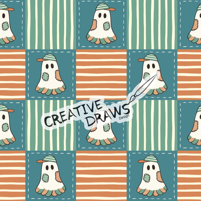 Ghost Checker Patchwork Seamless Pattern, Halloween Repeat Digital Paper afbeelding 1