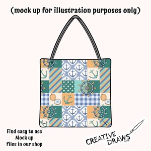 K&ouml;nnte beinhalten: Eine blaue und orangefarbene Einkaufstasche mit Patchwork-Muster, das Anker, Schiffswellen und Sterne zeigt. Die Tasche hat einen schwarzen Griff.