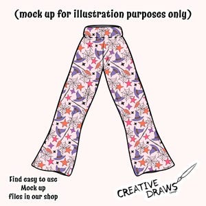 Puede incluir: Pantalones de color rosa claro con un estampado de Halloween con sombreros de bruja, estrellas, telara&ntilde;as y escobas. El texto "(mock up for illustration purposes only)" est&aacute; en la parte superior. El texto "Find easy to use Mock up files in our shop" est&aacute; en la parte inferior.