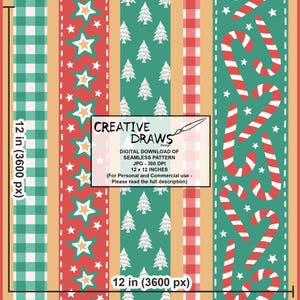 Op de afbeelding: Een digitaal naadloos kerstpatroon met verticale strepen in rood, groen en goud. Het ontwerp bevat sterren, zuurstokken, kerstbomen en een ruitpatroon. De tekst op de afbeelding zegt "CREATIVE DRAWS DESIGN". Het patroon is 30,48 x 30,48 cm.