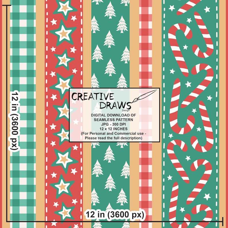 Op de afbeelding: Een digitaal naadloos kerstpatroon met verticale strepen in rood, groen en goud. Het ontwerp bevat sterren, zuurstokken, kerstbomen en een ruitpatroon. De tekst op de afbeelding zegt "CREATIVE DRAWS DESIGN". Het patroon is 30,48 x 30,48 cm.