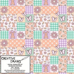 Op de afbeelding: Een digitaal papierpatroon met een patchwork-ontwerp met konijnen, vlinders, bloemen, wortels en ruitjespatronen in roze, groen en oranje.