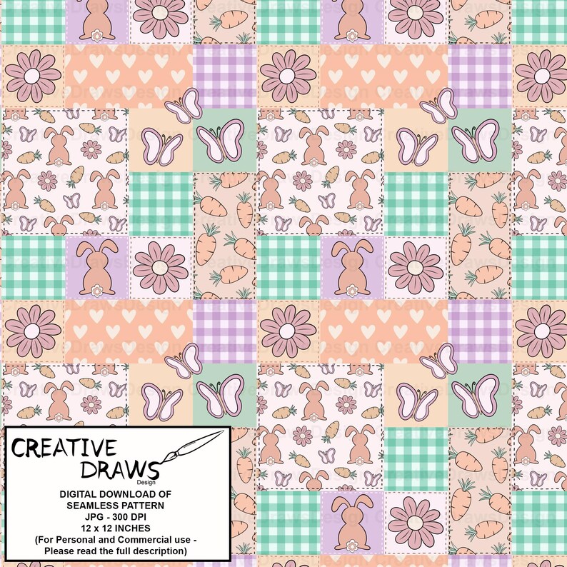 Op de afbeelding: Een digitaal papierpatroon met een patchwork-ontwerp met konijnen, vlinders, bloemen, wortels en ruitjespatronen in roze, groen en oranje.