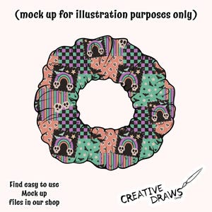 Op de afbeelding: Een kleurrijke scrunchie met een patchwork ontwerp met schedels, regenbogen, sterren en vleermuizen. De scrunchie heeft een mix van kleuren waaronder perzik, teal, paars en zwart. De tekst "Find easy to use Mock up files in our shop" is ook zichtbaar.