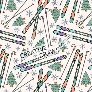 May include: A repeating pattern with skis, ski poles, snowflakes, and evergreen trees in pastel shades. The design includes the text "CREATIVE DRAWS Design", creating a playful winter theme. The image is suitable for winter-themed products.