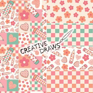 May include: A colorful pattern featuring pencils, hearts, and flowers in a patchwork design. The design incorporates pink, peach, and mint green squares. The text "CREATIVE DRAWS" is also present.