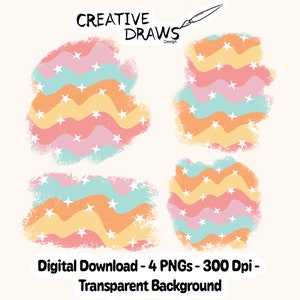 May include: Four digital clipart images of wavy stripes in pink, orange, yellow, and blue with white stars. The background is transparent.