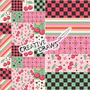 Retro Kirsche Patchwork Nahtlose Muster Pack, Groovy Wiederholung Digitales Papier Bild 1