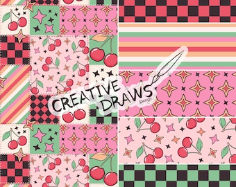 Retro Cherry Patchwork Seamless Pattern Pack, Groovy Repeat Digital Paper