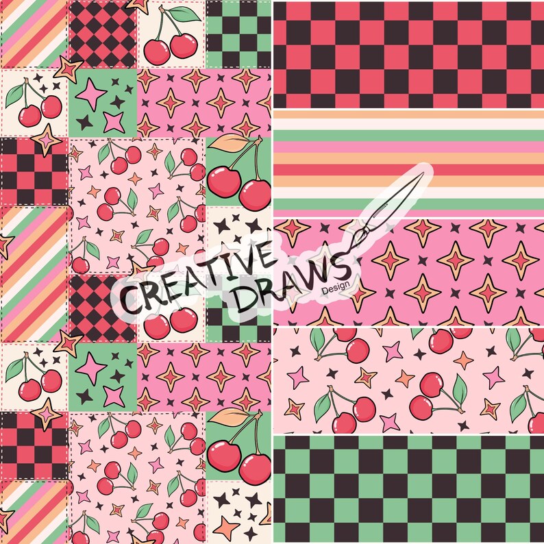 Retro Kirsche Patchwork Nahtlose Muster Pack, Groovy Wiederholung Digitales Papier Bild 1