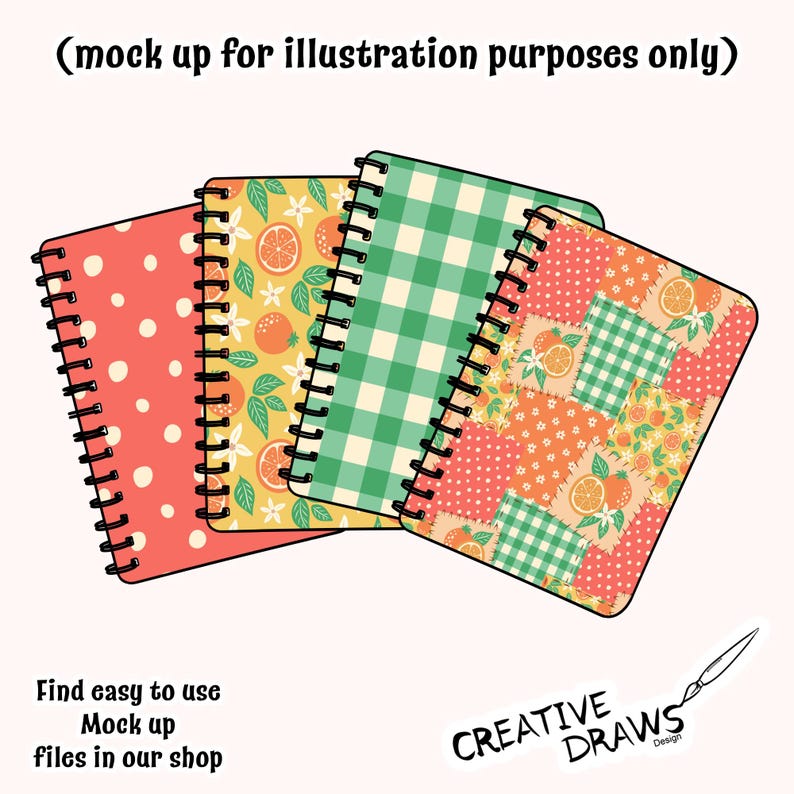 May include: Four spiral-bound notebooks with colorful covers. Designs include polka dots, oranges, a green gingham pattern, and a patchwork design. The text "(mock up for illustration purposes only)" is at the top. The text "Find easy to use Mock up files in our shop" is at the bottom.