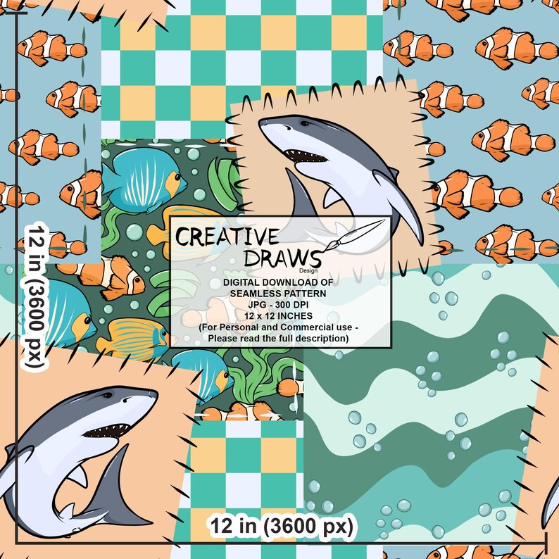 May include: Digital seamless pattern with cartoon sharks, clownfish, and tropical fish. The design includes a checkerboard pattern and text that reads "CREATIVE DRAWS Design". The pattern is 30.48 cm x 30.48 cm.