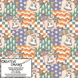 Ghost Pumpkin Patchwork Seamless Pattern Pack, Halloween Repeat Digital Paper Set imagen 9