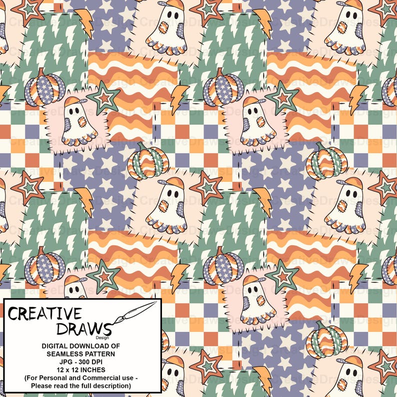Ghost Pumpkin Patchwork Seamless Pattern Pack, Halloween Repeat Digital Paper Set imagen 9