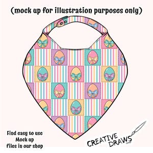 May include: A pink, yellow, and blue patterned bandana with a design of Easter eggs with bows. The bandana is a mock-up for illustration purposes only.