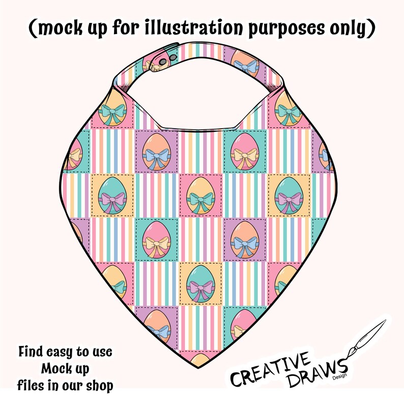May include: A pink, yellow, and blue patterned bandana with a design of Easter eggs with bows. The bandana is a mock-up for illustration purposes only.