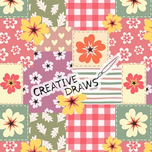 May include: A colourful patchwork design with floral and geometric patterns. The design incorporates squares with flowers, hearts, and gingham patterns. The text "CREATIVE DRAWS Design" is also visible.