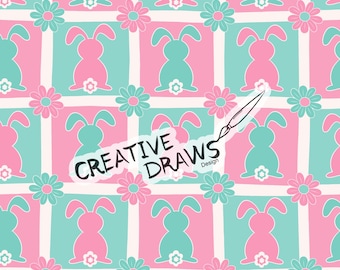 Bunny Floral Checker Seamless Pattern, Easter Digital Repeat Paper