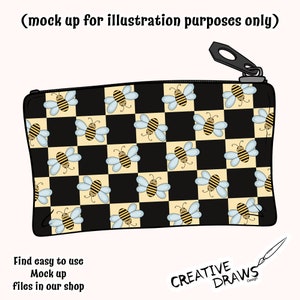 以下が含まれることがあります： 黒と白の市松模様のジッパー付きポーチで、黄色と茶色の蜂が繰り返しパターンになっています。ポーチはイラスト目的のモックアップです。