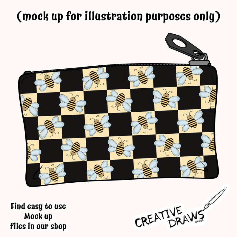 以下が含まれることがあります： 黒と白の市松模様のジッパー付きポーチで、黄色と茶色の蜂が繰り返しパターンになっています。ポーチはイラスト目的のモックアップです。