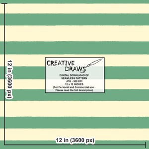 Pu&ograve; includere: Download digitale di un motivo senza cuciture a righe orizzontali giallo pallido e verdi. L'immagine include il testo "CREATIVE DRAWS Design" e le dimensioni del motivo: 30,48 x 30,48 cm.