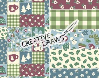 Paquete de patrones sin costuras de patchwork invernal acogedor, conjunto de papeles digitales con repetición navideña.