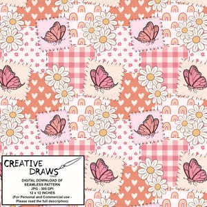 Butterfly Daisy Patchwork Seamless Pattern, Digital Repeat Pattern for ...