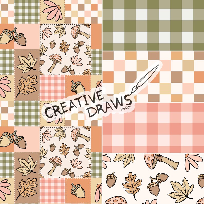 May include: A patchwork design featuring autumn-themed illustrations of acorns, mushrooms, and leaves in warm colors. The design includes gingham and checkered patterns in shades of green, peach, and brown. The text "CREATIVE DRAWS Design" is also present.