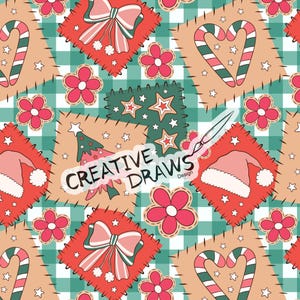 May include: A festive patchwork pattern featuring Christmas-themed elements. The design includes red squares with bows, Santa hats, and flowers, along with candy canes and a Christmas tree. The background is a green and white checkered pattern, with the text "CREATIVE DRAWS Design".