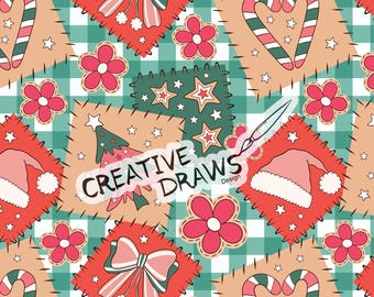 May include: A festive patchwork pattern featuring Christmas-themed elements. The design includes red squares with bows, Santa hats, and flowers, along with candy canes and a Christmas tree. The background is a green and white checkered pattern, with the text "CREATIVE DRAWS Design".
