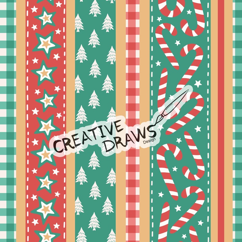 Op de afbeelding: Een feestelijk kerstpatroon met verticale strepen in rood, groen en goud. Het ontwerp bevat sterren, kerstbomen, zuurstokken en een ruitpatroon. De tekst "CREATIVE DRAWS Design" is over de afbeelding geplaatst.