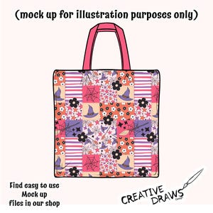 Peut inclure: Un sac fourre-tout avec une poign&eacute;e rose et un motif patchwork avec des chapeaux de sorci&egrave;re, des toiles d'araign&eacute;es et des fleurs en orange, rose et violet. Le texte "(mock up for illustration purposes only)" est en haut. Le texte "Find easy to use Mock up files in our shop" est en bas.
