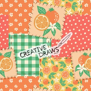 May include: A patchwork design featuring orange slices, flowers, and leaves on various patterned backgrounds. The design includes orange, yellow, green, and pink patches with the text "CREATIVE DRAWS Design" and a paintbrush illustration.