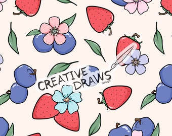 Berry Blossom Seamless Pattern, Summer Fruit Seamless File Digital Download