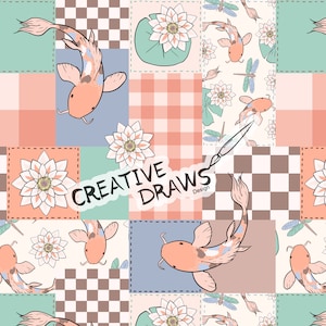 May include: A seamless pattern featuring a patchwork design with koi fish, water lilies, dragonflies, and checkered patterns in shades of pink, blue, green, and brown. The text "CREATIVE DRAWS - Design" is included in the pattern.