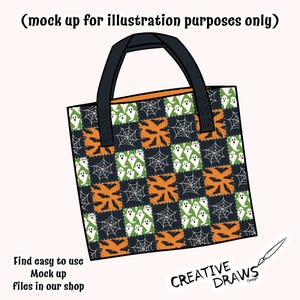 May include: A Halloween tote bag with a patchwork design featuring ghosts, bats, and spiderwebs in orange, green, and white on a black background. The bag has black handles and an orange interior. Text on the bag reads "Find easy to use Mock up files in our shop".