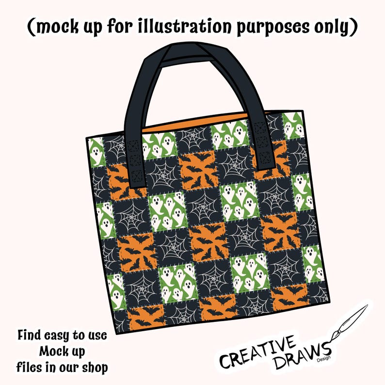 May include: A Halloween tote bag with a patchwork design featuring ghosts, bats, and spiderwebs in orange, green, and white on a black background. The bag has black handles and an orange interior. Text on the bag reads "Find easy to use Mock up files in our shop".