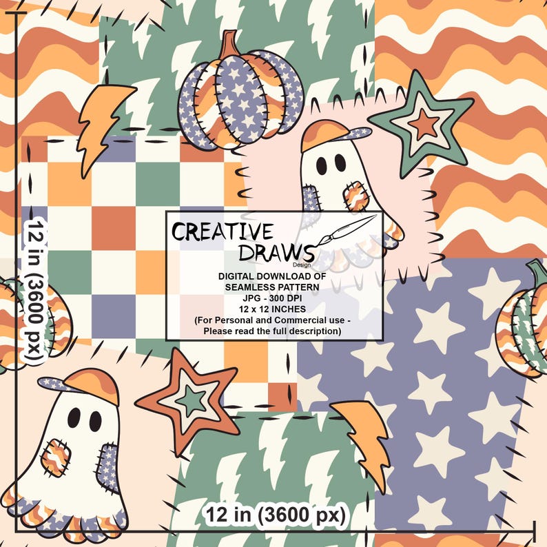Ghost Pumpkin Patchwork Seamless Pattern, Halloween Repeat Digital Paper Bild 8