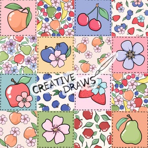 Modello senza cuciture patchwork di frutta per uso personale e commerciale, carta digitale con ripetizione estiva