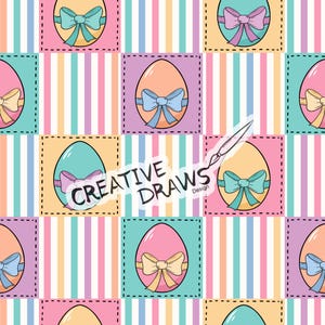 Könnte beinhalten: Ein nahtloses Muster mit pastellfarbenen Ostereiern mit Schleifen auf einem gestreiften Hintergrund. Der Text "CREATIVE DRAWS Design" befindet sich in der Mitte des Musters.