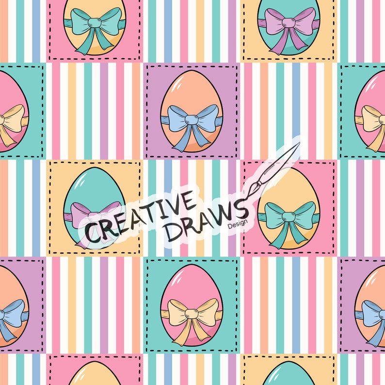 May include: A seamless pattern featuring pastel colored Easter eggs with bows on a striped background. The text "CREATIVE DRAWS Design" is in the center of the pattern.